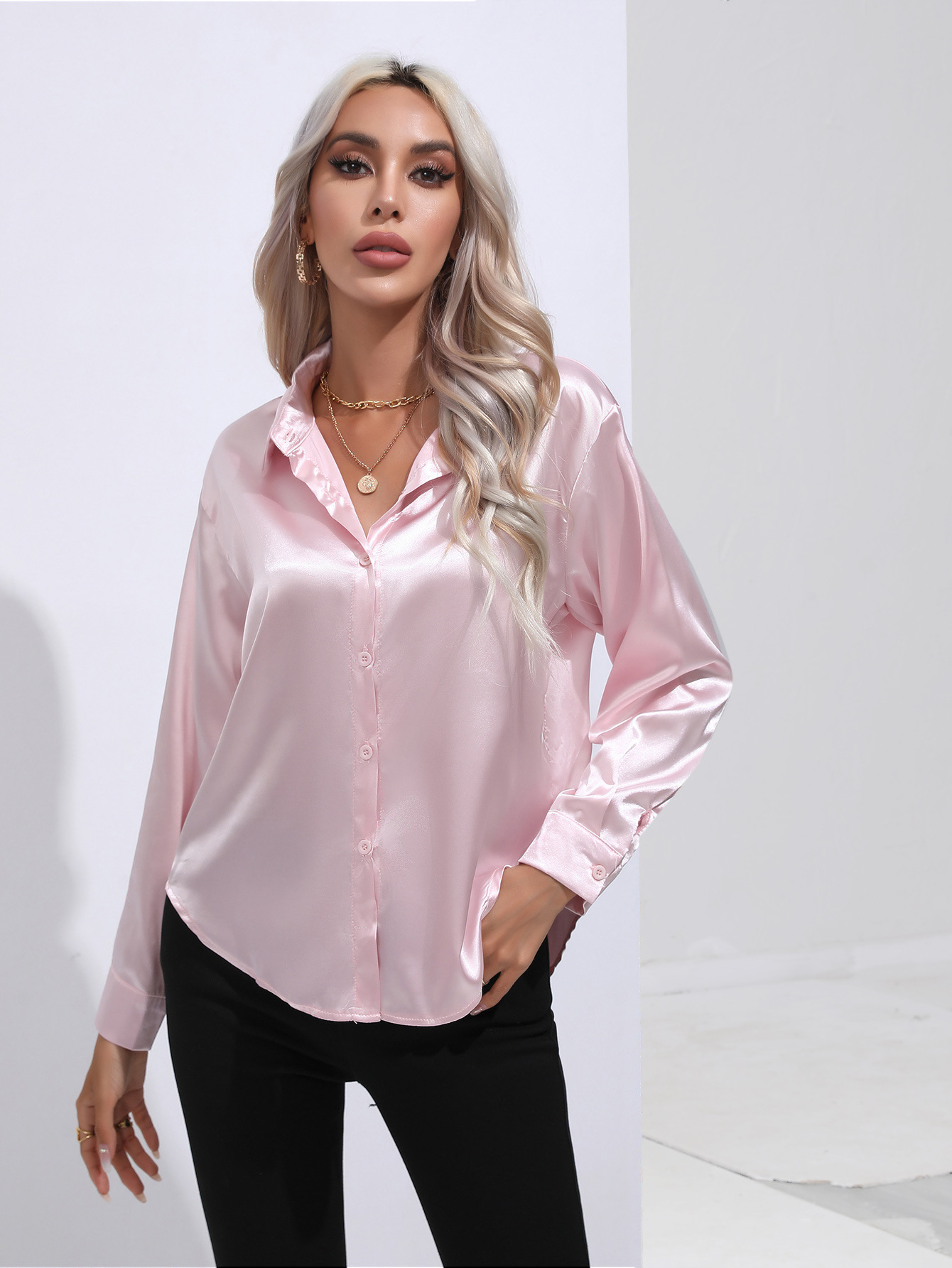 Chemise élégante en Satin Imitation soie pour femmes, manches longues, couleur unie, bureau, bouton à revers, vêtements pour femmes, automne/hiver, S-XXL