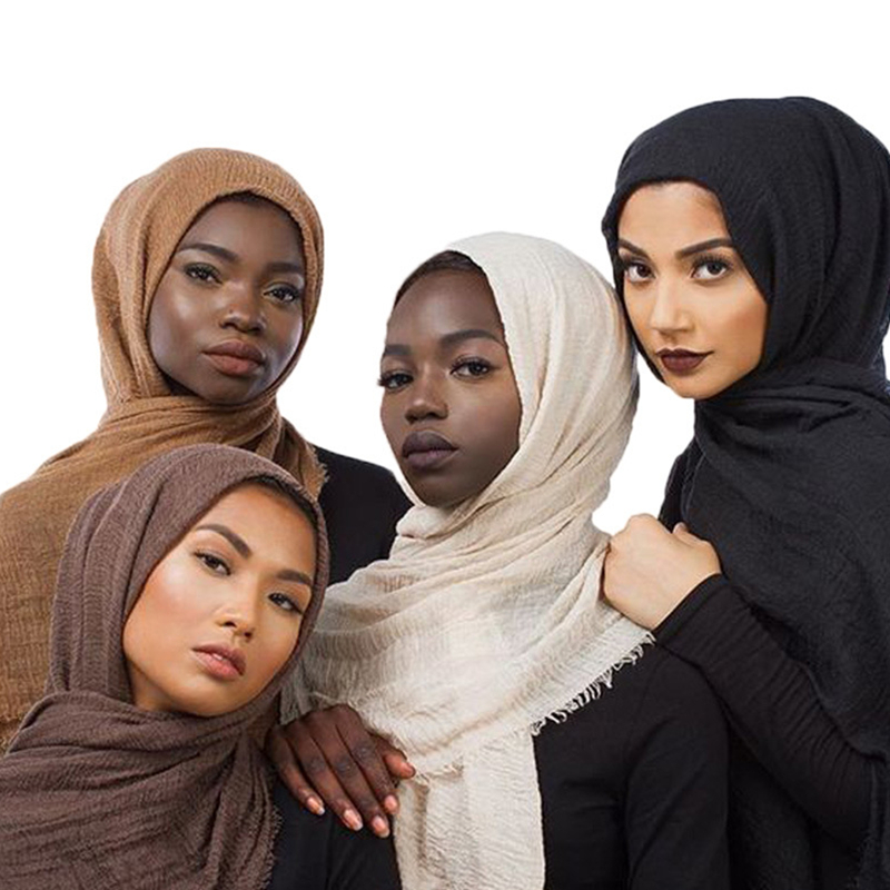 Écharpe Hijab en Coton Froissé pour Femme, Turban Musulman, Châle Bandana Uni, Châles Respirants, Foulard, Capuche, Ramadan, Grande Taille