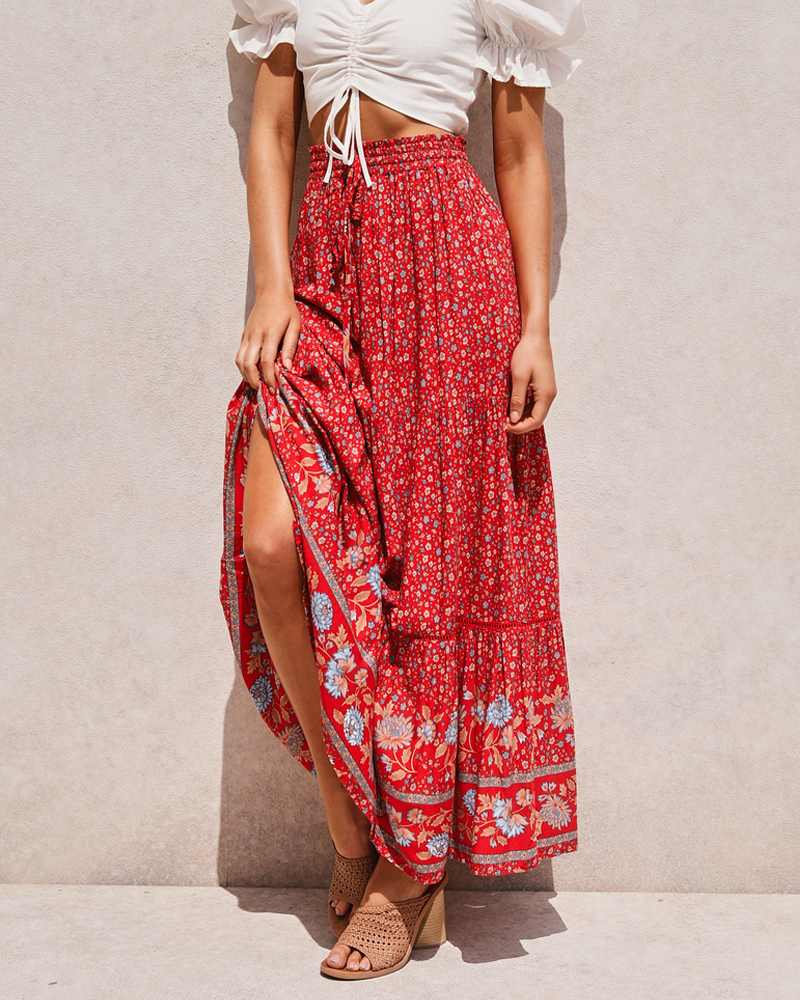Boho Dinner ens-Jupe de plage beige à imprimé floral pour femmes, taille haute élastique, rayonne, coton plissé, maxi gitane