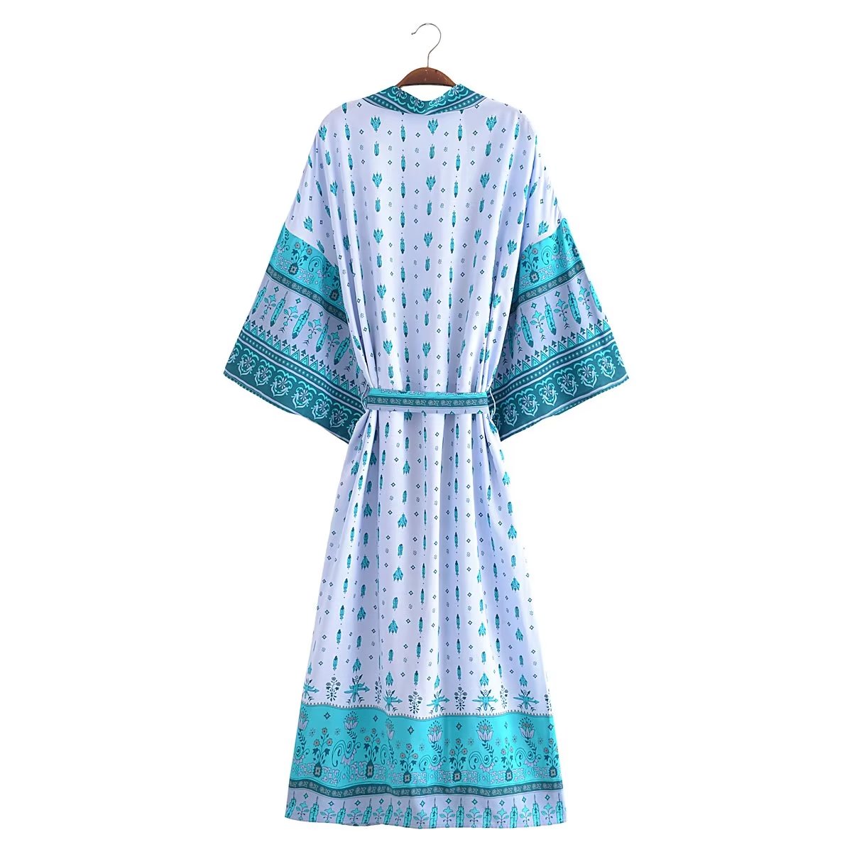 Kimono style bohème pour femmes, vintage, imprimé floral, ceintures, boho, col en V, manches chauve-souris, rayonne, robe maxi, couverture