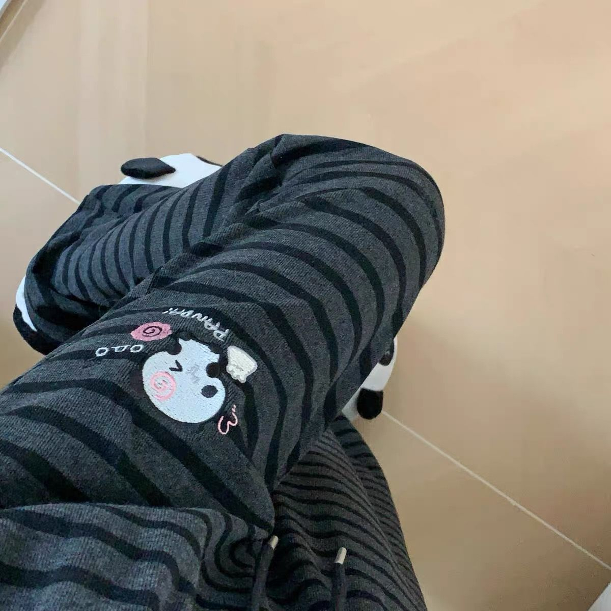 Pantalon droit japonais Kawaii Lolita pour femmes, pantalon décontracté à rayures avec broderie de dessin animé, pantalon féerique mignon esthétique Y2k pour filles