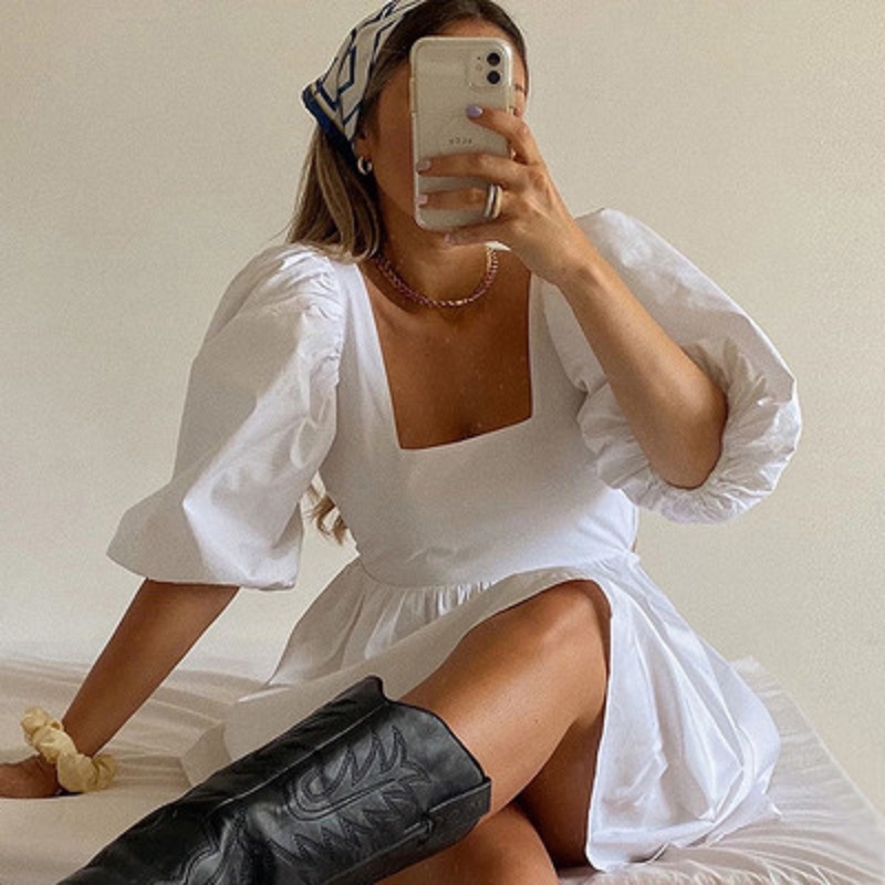 Robe d'été pour femmes, blanche, élégante, manches bouffantes, dos nu, fête, plage, Mini, décontractée, vacances