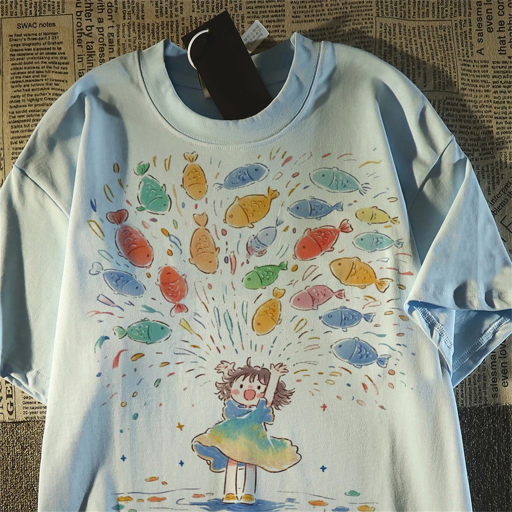 T-Shirt surdimensionné à manches courtes pour hommes/femmes, imprimé de poisson de dessin animé, décontracté, à la mode, pour l'été