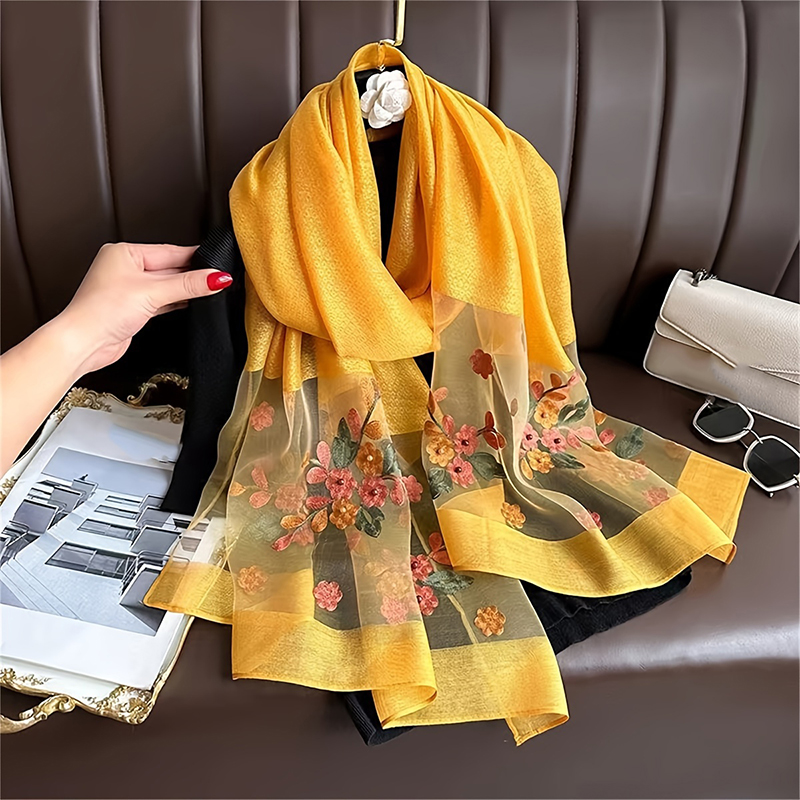 Écharpe en laine brodée florale pour femme, Hijab féminin, Foulard, Pashmina fin, Châles, Wraps, Bufanda, Écharpe de sauna, Étoles, Printemps, Été