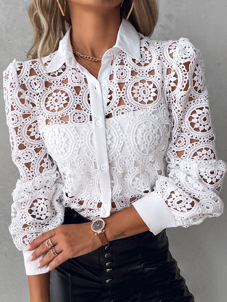 Chemisiers en dentelle pour femmes, chemise blanche de bureau élégante, manches longues, boutons, col rabattu, hauts ajourés Sexy, vêtements à la mode pour femmes