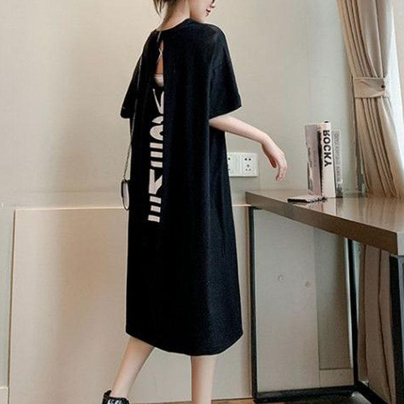 Robe longue droite à col rond pour femmes, robes d'été dos nu, manches courtes, vêtements décontractés, lettre imprimée, mode coréenne