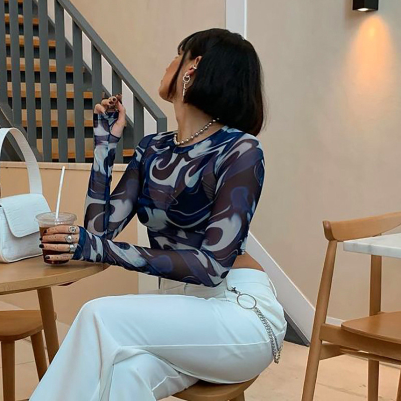 Hauts courts à la mode pour femmes: maille, transparent, imprimé, col rond, manches longues, pull, sexy, streetwear, Y2K, style Harajuku
