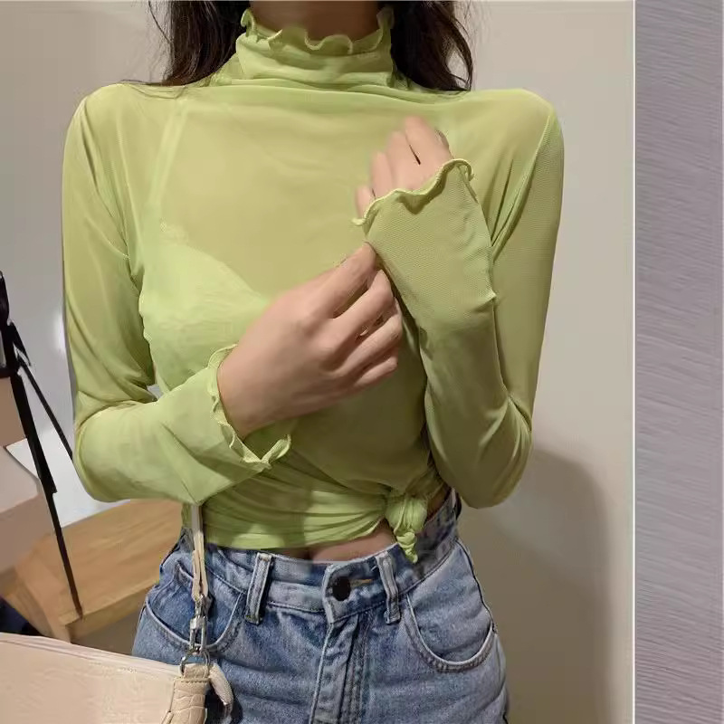 Chemise à Base en maille et dentelle pour femmes, manches longues, col haut, Protection solaire, vêtements intérieurs, couleur Pure, superposition supérieure à la mode