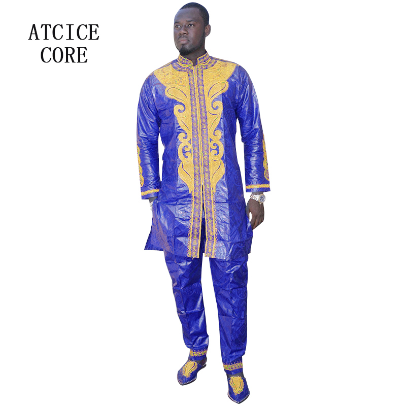 Vêtements africains pour hommes, ensemble traditionnel Bazin Riche brodé, haut à manches longues, 3 pièces