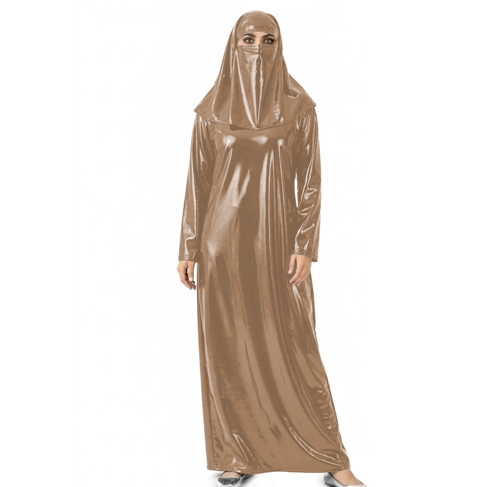 Abaya brillante effet mouillé pour femme avec voile intégré, robe longue en cuir PVC pour Halloween, événements cosplay et occasions à thème