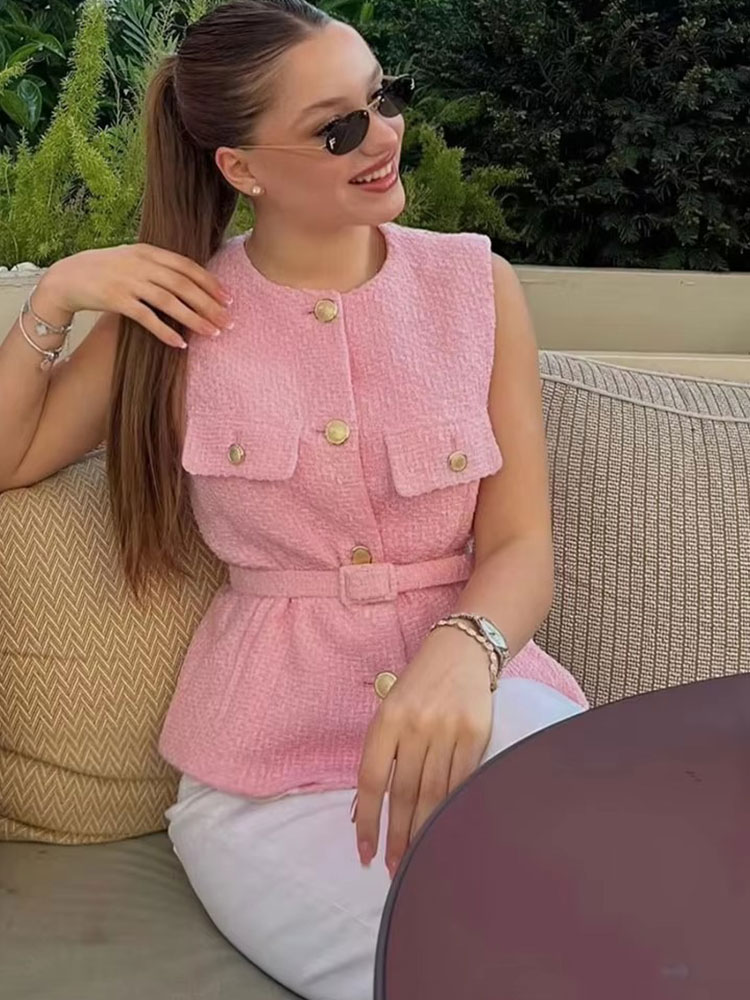 Gilet en tweed rétro élégant pour femme HH, ajusté à la taille, boutonné, sans manches, style classique, décontracté, vintage, pour tenues de fête