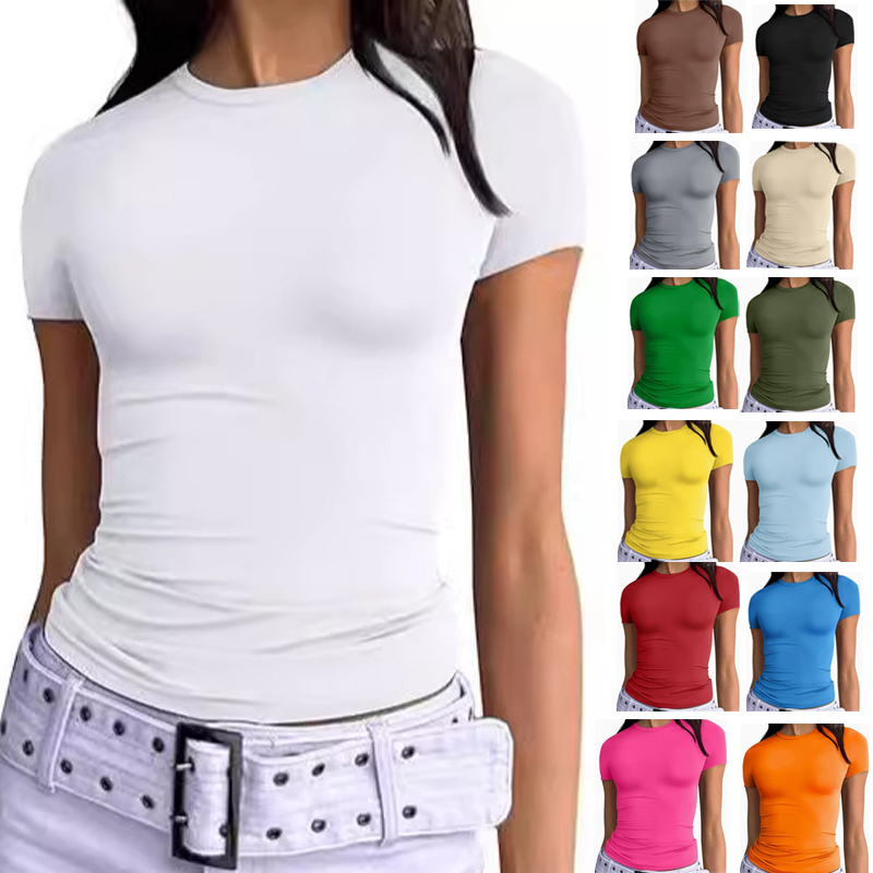 1 pièce T-shirt de sport pour femme et fille, uni, basique, à manches courtes, coupe ajustée, col rond, sexy, pour fitness, course et yoga, haut décontracté