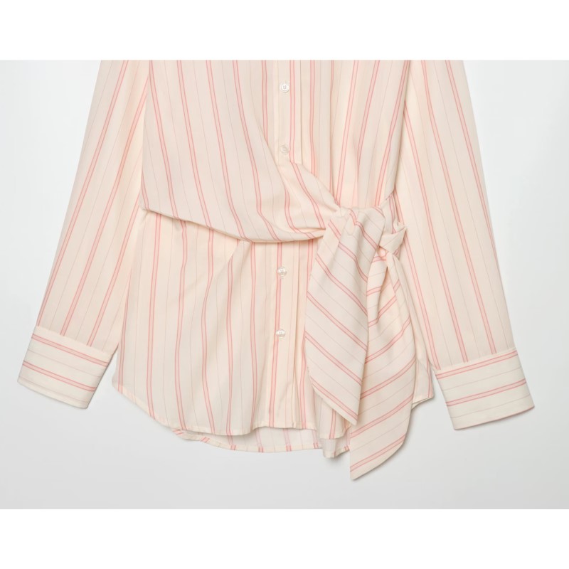 Chemisier rayé pour femme Nouvelle collection Printemps 2026 à manches longues, col en V, avec poche et décoration de nœud, coupe ample