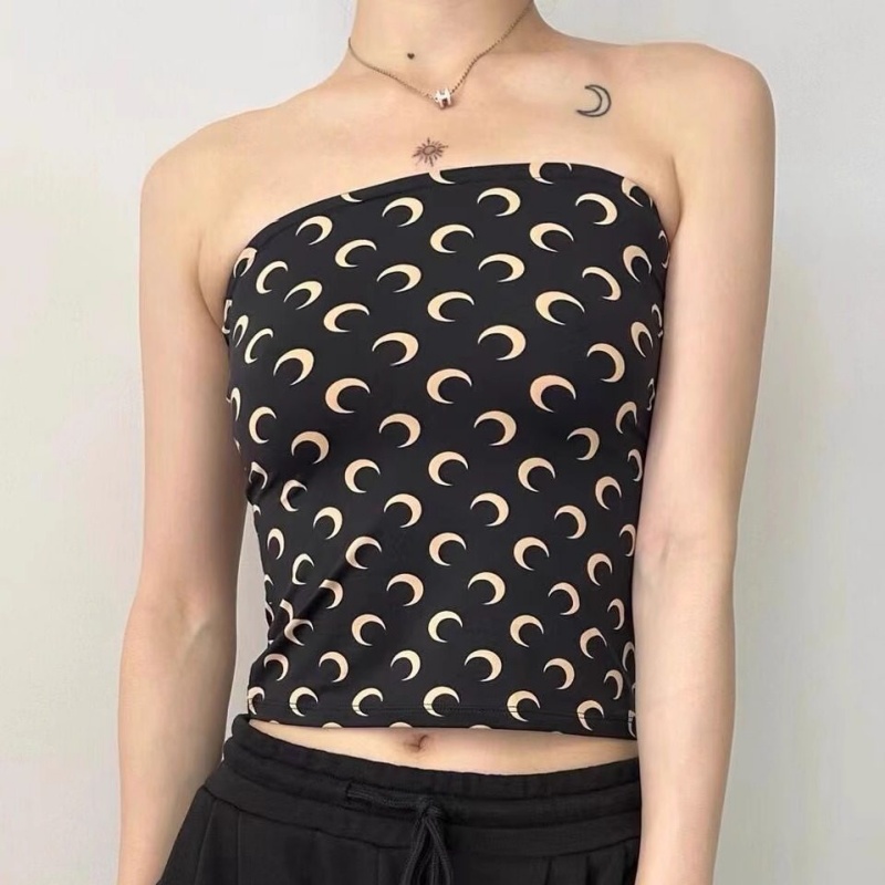 Débardeur court sexy imprimé lune tendance pour femme, style coréen Y2K streetwear décontracté, sans bretelles, coupe ajustée, élastique, camisole d'été