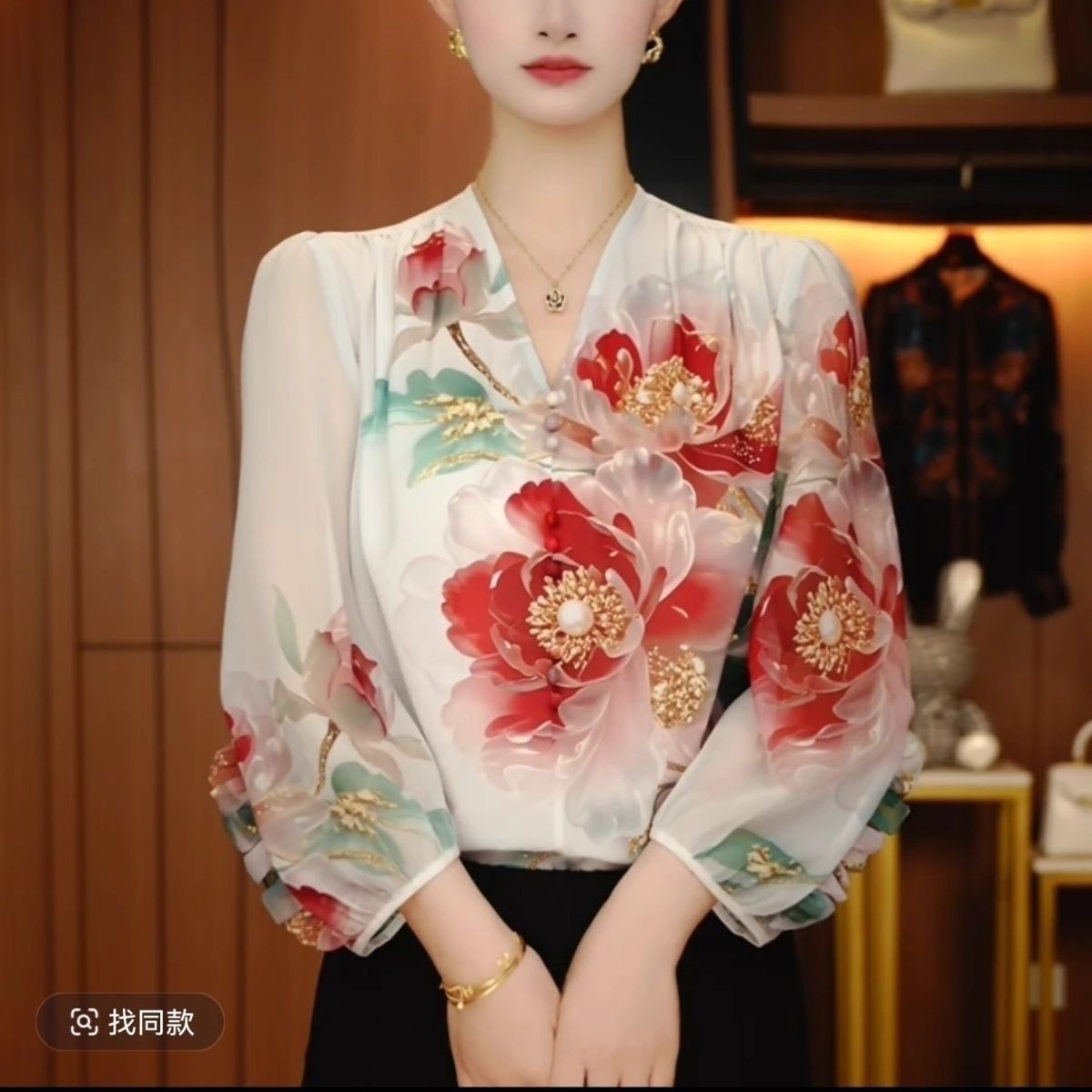 Chemisier en mousseline à col en V pour femme, manches 3/4, imprimé floral pivoine, coupe ample décontractée, hauts d'été élégants, chemise quotidienne style chinois