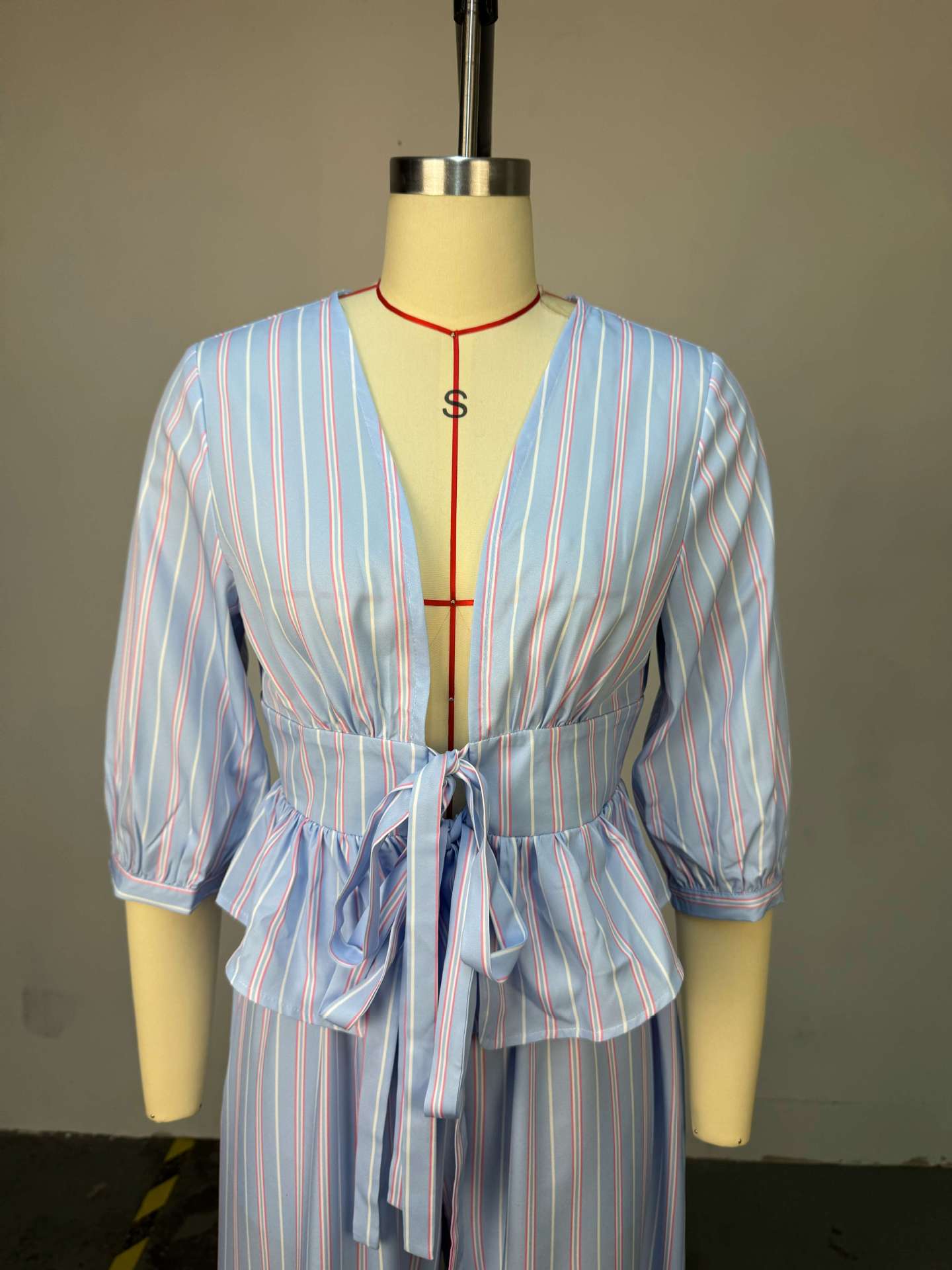 Ensemble deux pièces pour femmes, col en V, chemise à manches longues, hauts rayés, jambes larges, pantalons longs à lacets, taille haute, Streetwear Y2k, travail