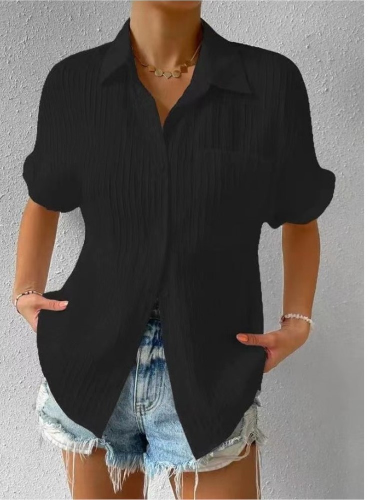 Chemisier de couleur unie pour femmes, chemises amples à manches courtes, col rabattu, vêtements coréens décontractés pour les déplacements, mode d'été
