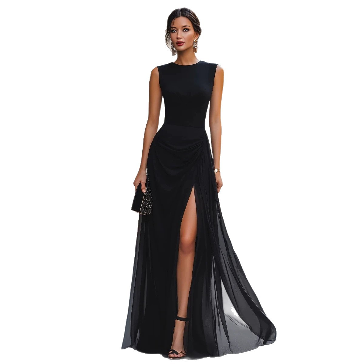 Robe longue de soirée élégante en mousseline froncée sans manches, col rond, fente latérale, ourlet transparent, pour femme