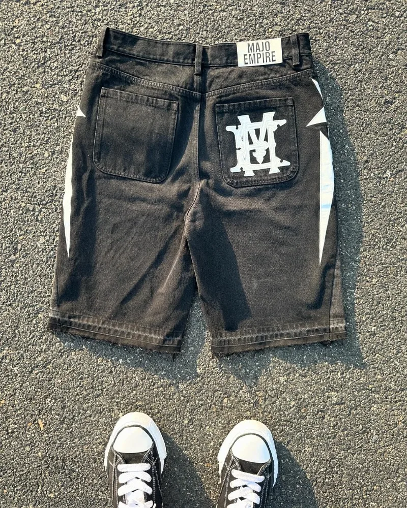 Jean à jambes larges pour hommes, tendance de la mode américaine, style de rue, baggy brodé Y2k, short décontracté Goth punk High street