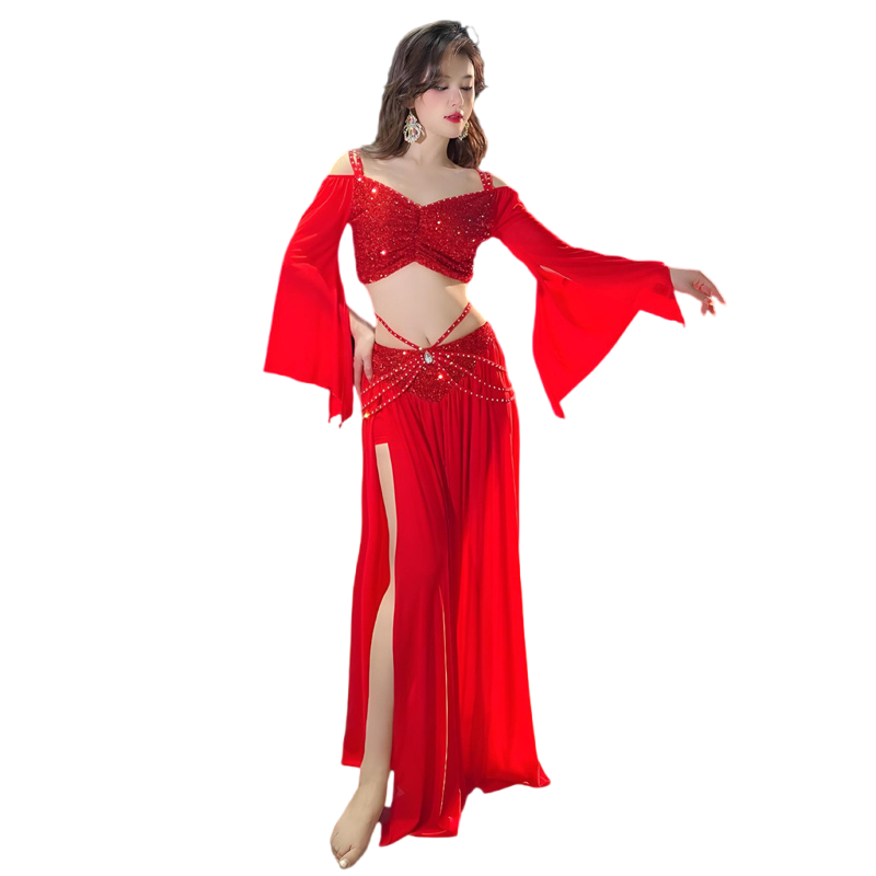 Costume d'entraînement de danse du ventre pour femmes, 2 pièces, manches longues, jupe fendue sur le côté, tenue à paillettes, spectacle de danseuse orientale, vêtements en gaze XL