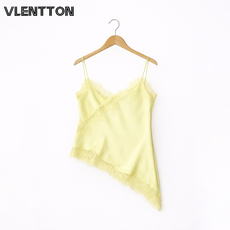Camisole en satin et dentelle pour femme, bretelles spaghetti, ourlet asymétrique, débardeur sexy et élégant de haute qualité, haut sans manches d'été