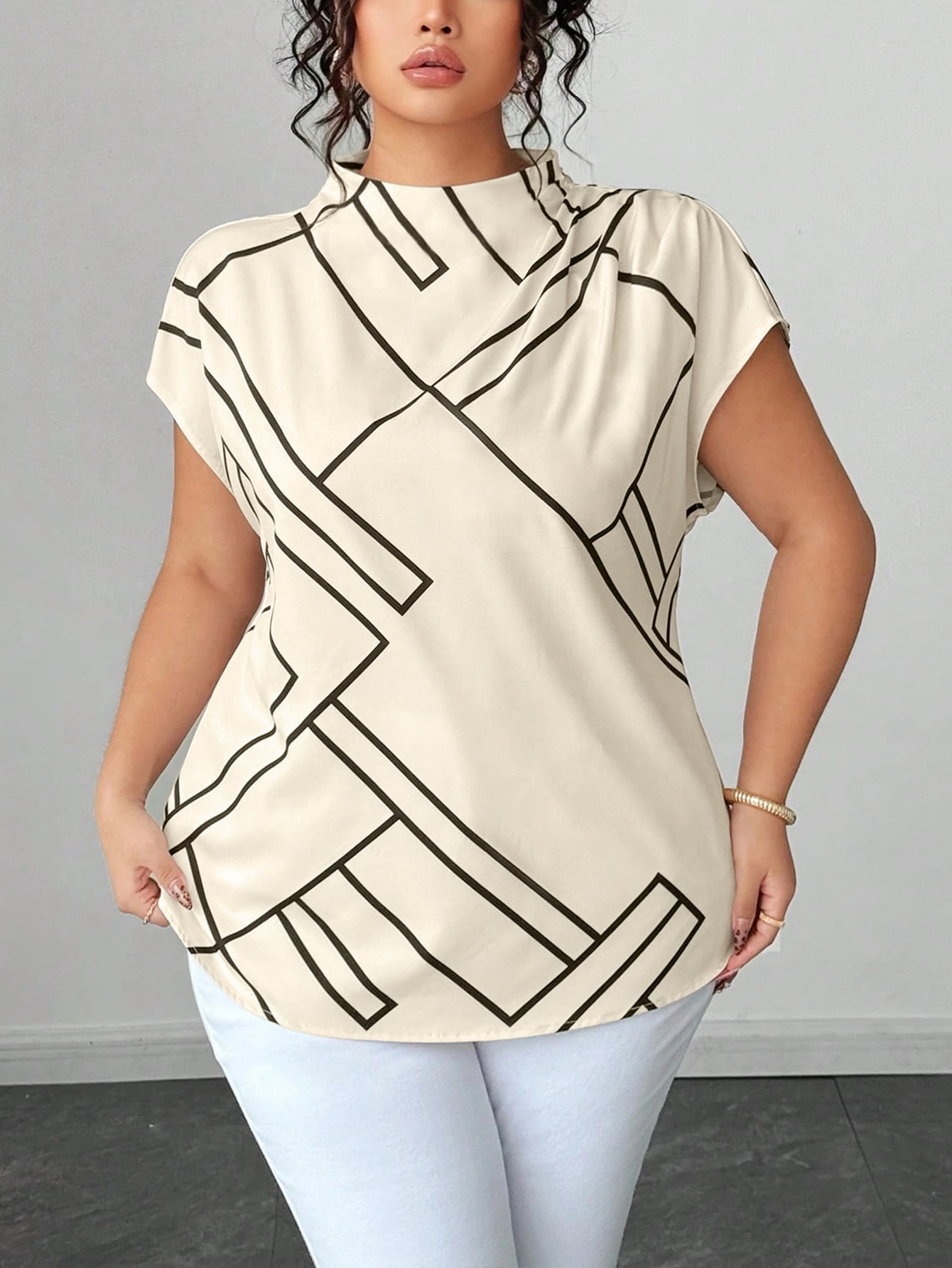 Chemisier grande taille pour femmes, col montant, imprimé géométrique, coupe ample, élégant, effet satiné, idéal pour le travail, les affaires et les occasions quotidiennes.