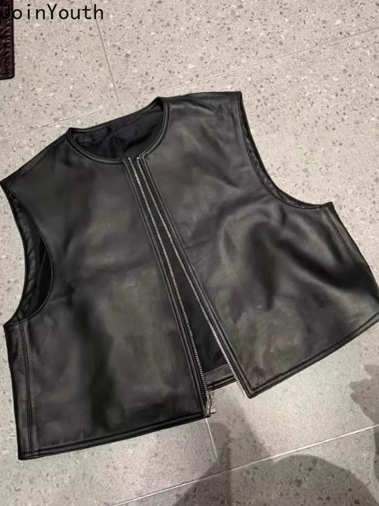 FibrglaCardigan-Gilet en cuir à col rond pour femmes, débardeurs en PU noir, haut court vintage, vêtements à la mode avec fermeture éclair, 2025