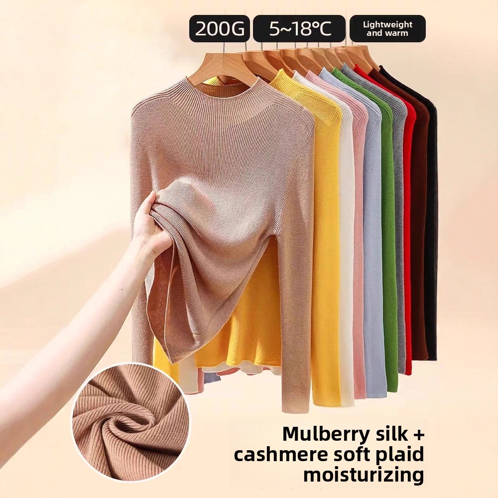Luxe soie cachemire femmes col roulé coupe ajustée thermique tricots sans couture couche de Base haut pull femmes