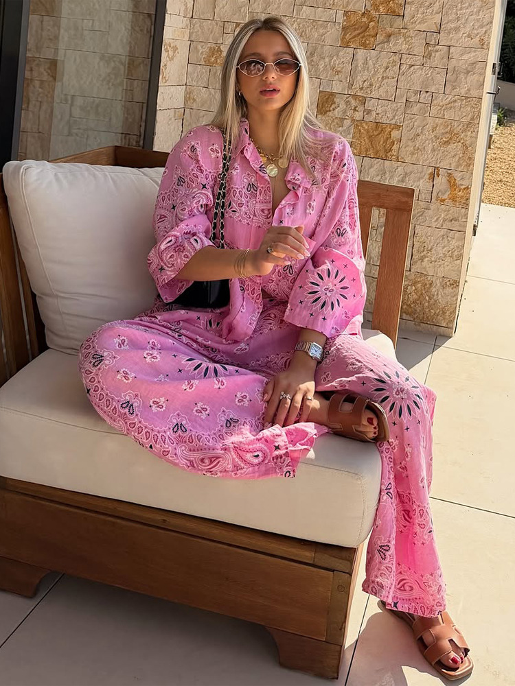 Ensembles 2 pièces pour femmes (hauts + bas) – Blouse imprimée à manches longues et pantalon long ample pour le printemps et l'automne – Tenue décontractée pour les vacances