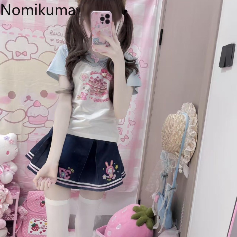 Denim Mini jupes 2025 Faldas Mujer De Moda mignon a-ligne douce Jupe été Chic Saia dessin animé broderie plissée Y2k Jupe femmes