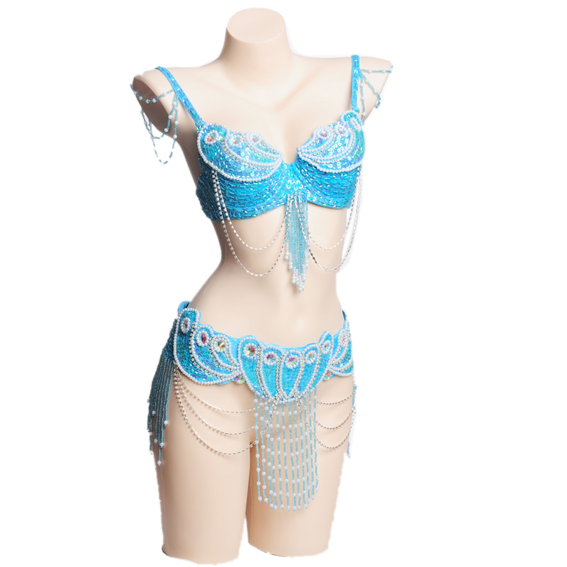 Costume de danse du ventre pour femmes, ensemble de 2 pièces, Oriental, perles, soutien-gorge, ceinture, vêtements de carnaval Tribal