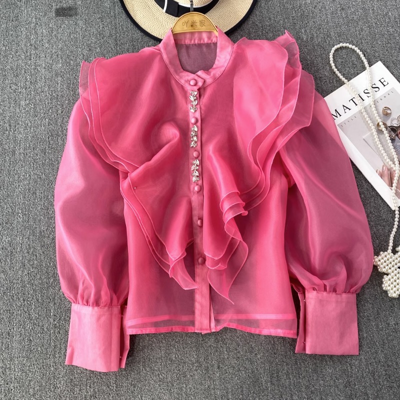Chemisier à volants en organza pour femmes, chic, maille perlée, transparent, élégant, mode coréenne, livraison directe