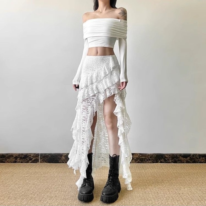Jupe gothique années 2000, vêtements d'été pour femmes, Gyaru Kpop, Streetwear, dentelle, taille haute, décontractée, esthétique, longue, Hip Hop