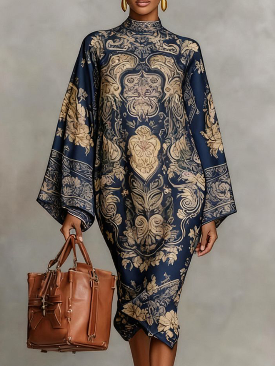 UOOZEE femmes Vintage élégant imprimé col haut caftan Robe manches longues ample élégant soirée robes mi-longues Robe 2026 nouveau