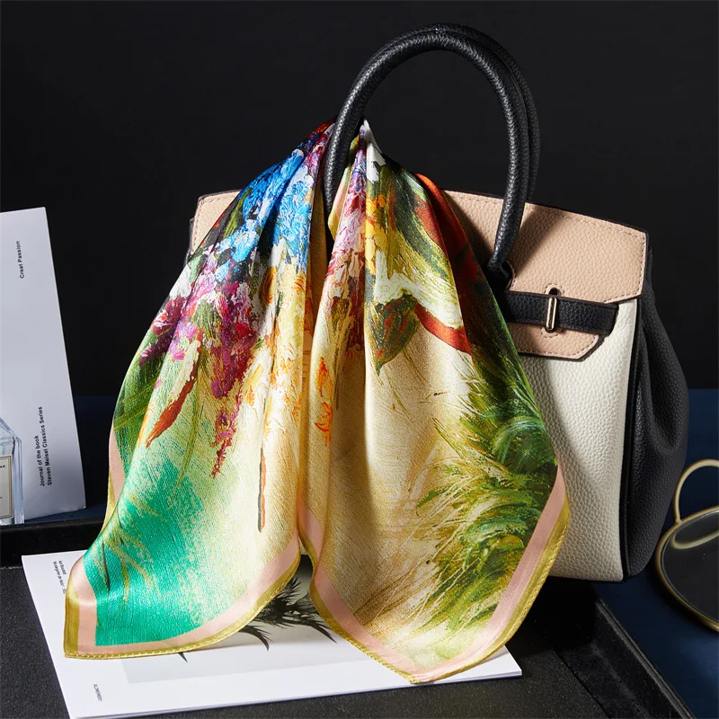 Foulard carré en soie vert or-Vermeil, écharpe en soie pour femmes, à la mode, polyvalent, imprimé Floral, cadeau pour maman, printemps automne