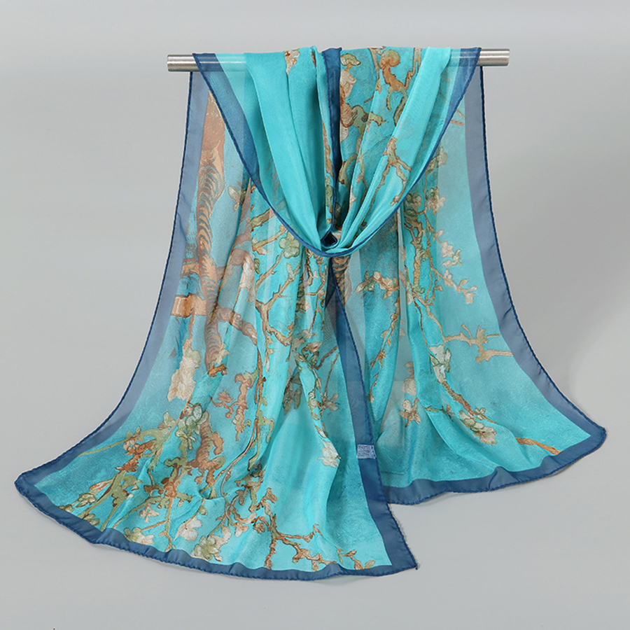 Écharpe en soie pour femmes, motif de fleur de prunier, écharpe longue en gaze, protection solaire, sac à bandoulière, foulard