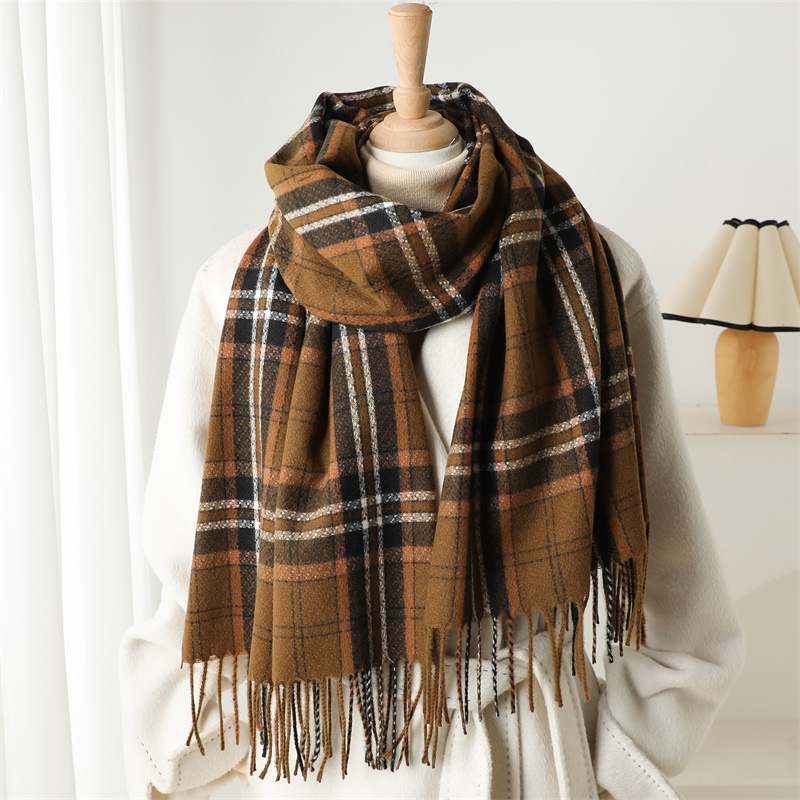 Écharpe d'hiver de luxe à carreaux pour femme, châle pashmina chaud et épais, écharpe-couverture à franges, foulard décontracté pour femme