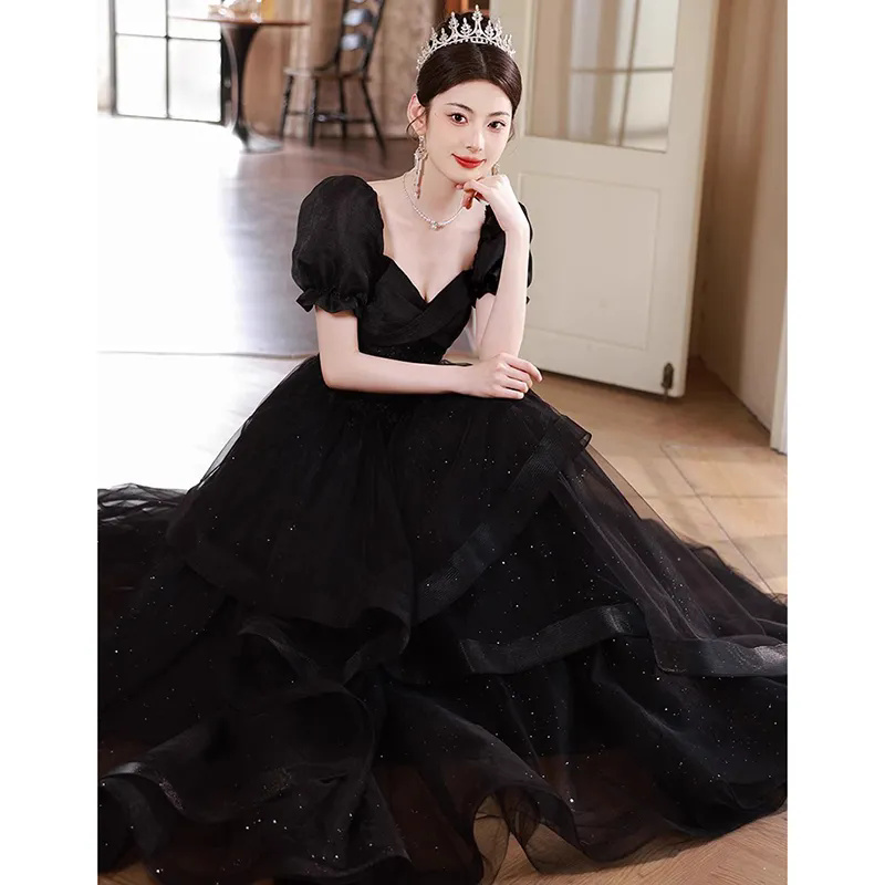 Robe de soirée noire pour femmes, sens haut de gamme, tempérament de Niche, robe longue et courte, robe d'hôte de soirée pour femmes, 2025