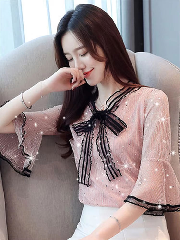 Chemisiers en Chiffon et Dentelle pour Femme, Style Printemps-Été, Décontractés, à Manches Courtes Évasées et Col Nœud Papillon, Blusas et Hauts
