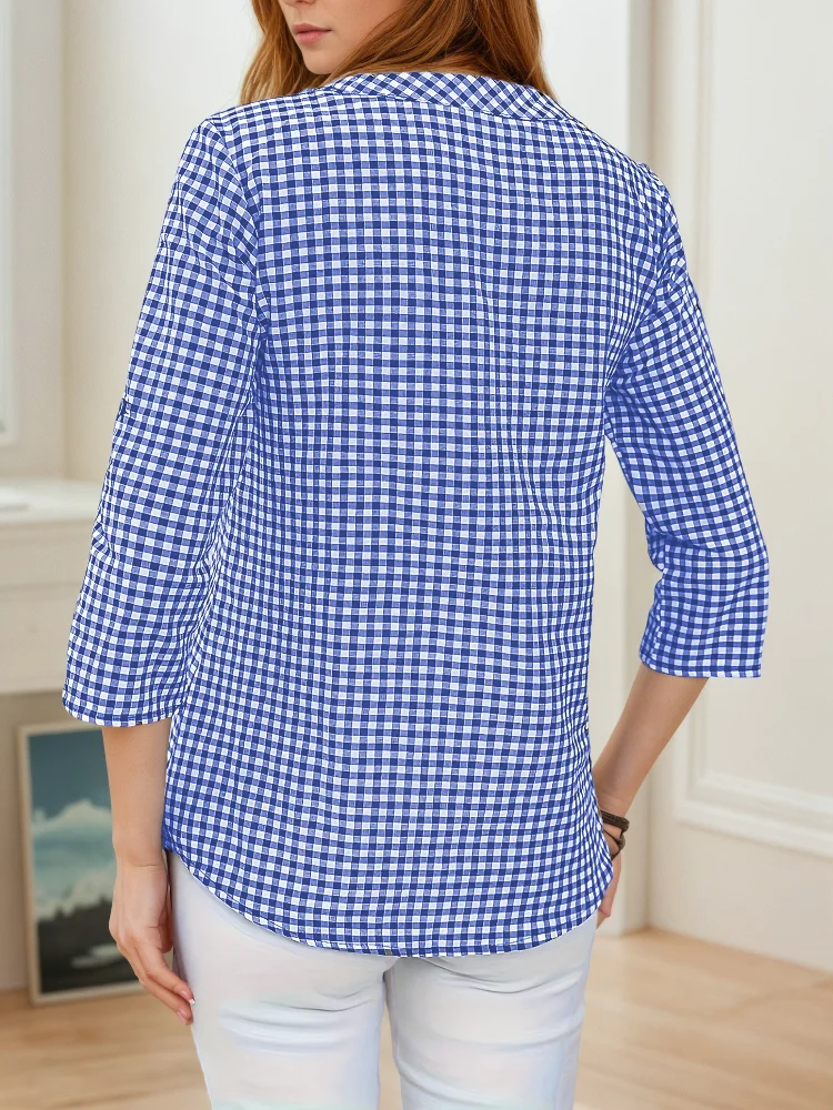 Grande taille printemps automne femmes Fine Plaid mode à manches longues col en v Blouse coupe ajustée tempérament haut ventre couvrant petites chemises
