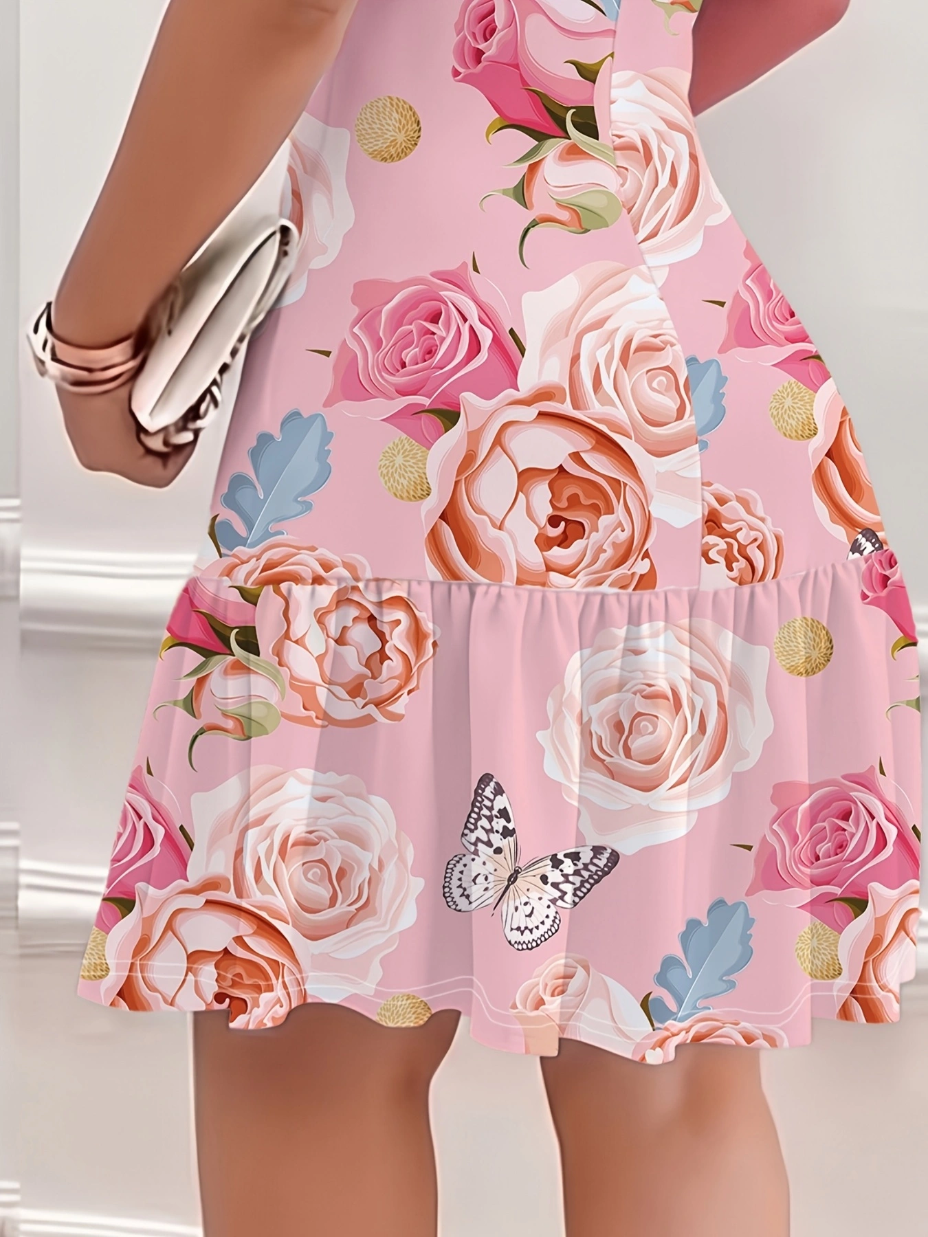 Robe d'été grande taille rose à imprimé papillon, manches courtes, ourlet à volants, coupe A-line, décontractée