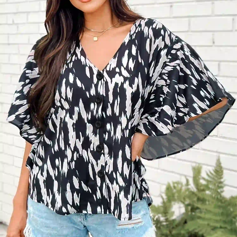 Chemise femme grande taille, haut cardigan imprimé tacheté bouton col en V. Vêtements d'été décontractés et à la mode