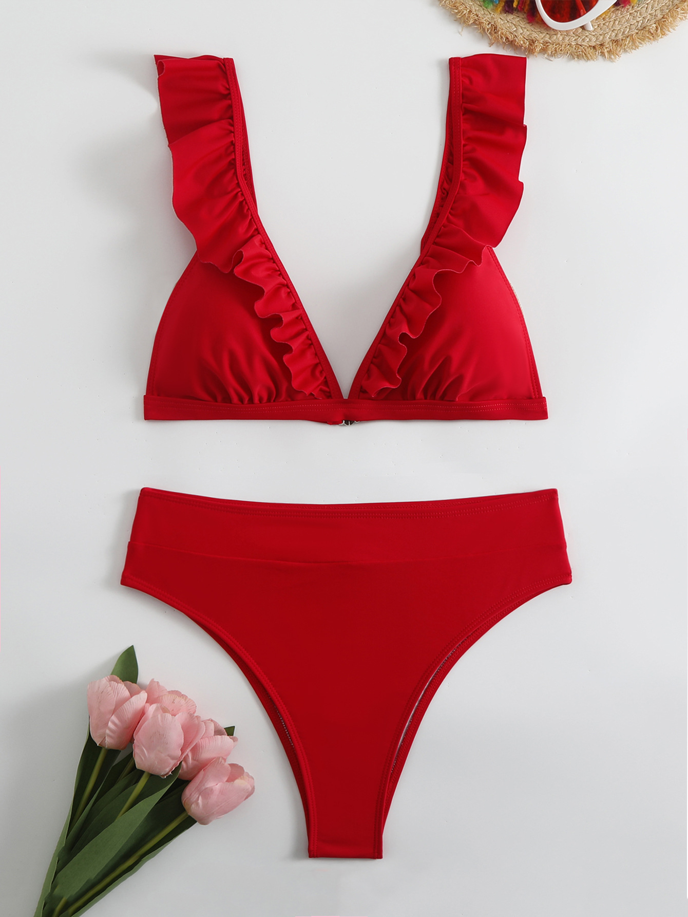 Ensemble bikini push-up à volants sexy, soutien-gorge en V, maillot de bain plissé rouge taille haute pour femme, maillot de bain d'été, ensemble de bain 2 pièces, tenue de plage 2027