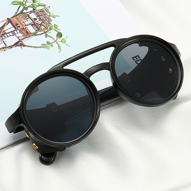 Lunettes de soleil steampunk pour voyages d'été, hommes et femmes, lunettes de soleil classiques avec monture ronde en cuir latéral, verres punk UV400