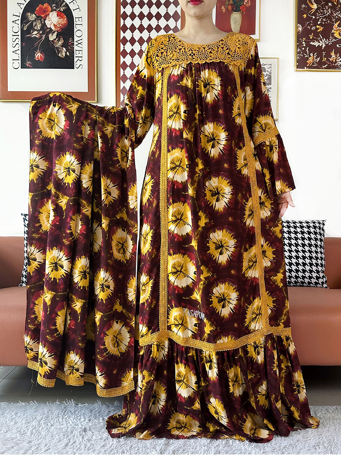 Nouvelle Robe de Soirée pour Femme, Style Kashkha, Broderie Florale en Dentelle, Abaya en Coton, Boubou Africain, Kaftan Ample Musulman, Robe Longue pour le Ramadan