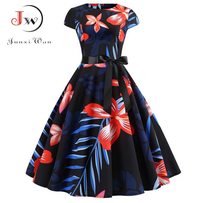 Femmes robe Vintage été imprimé fleuri robes à manches courtes 50s 60s bureau fête Rockabilly Swing rétro Pinup grande taille
