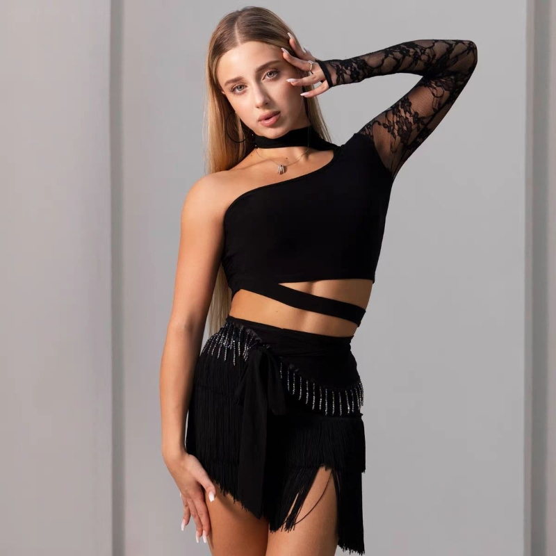 Robe de danse latine en dentelle pour femmes, ensemble haut à une seule manche noir et jupe à franges, costume de performance pour la danse Cha Cha, entraînement de Samba, Rumba