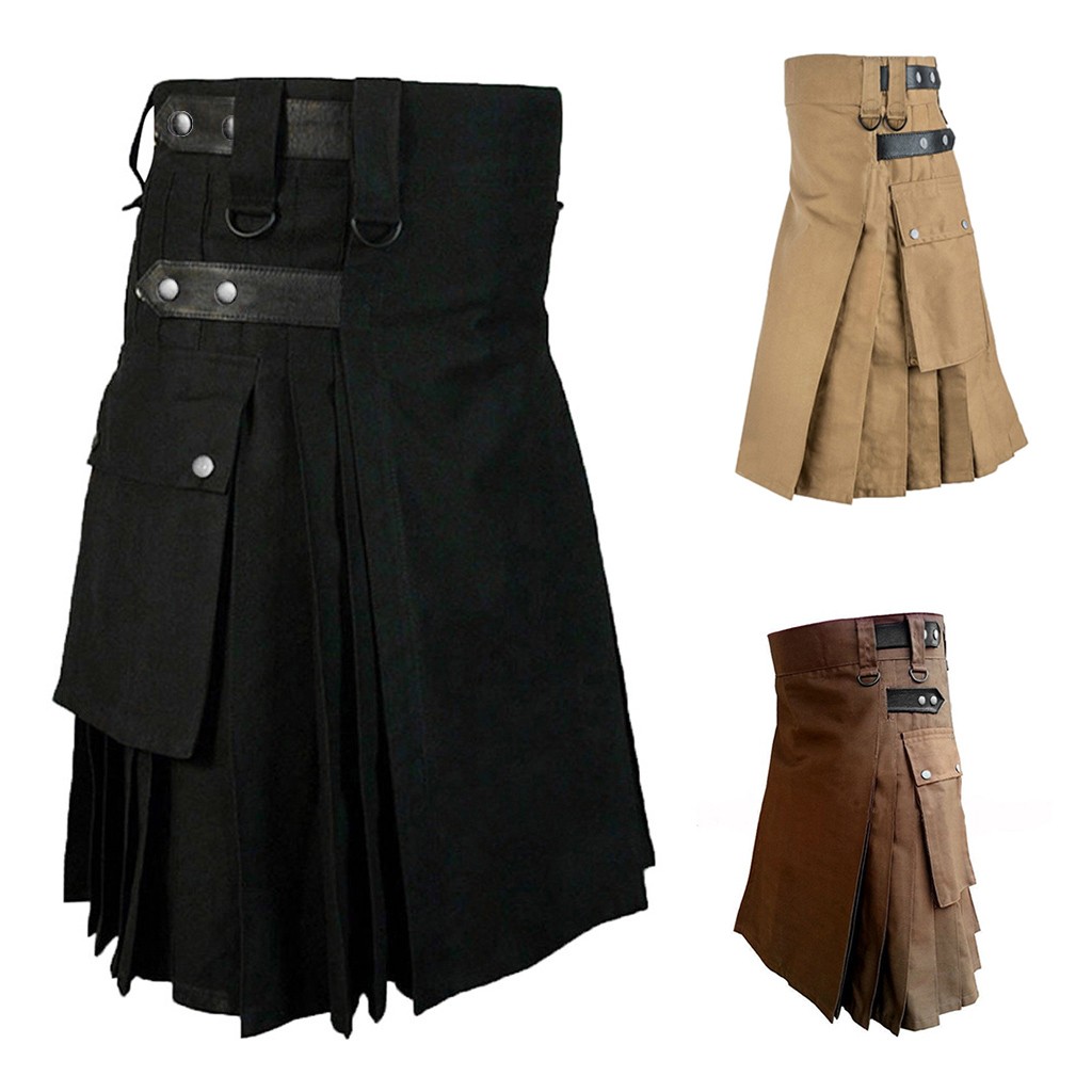 Kilt écossais plissé vintage en coton marron pour homme, style gothique, avec poche cargo, pour costumes de cosplay punk