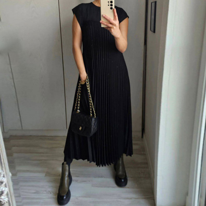 Robe sans manches pour femmes, robe longue décontractée plissée mi-longue de couleur unie à col rond et coupe ample pour les trajets quotidiens