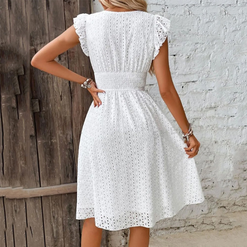 Robe de plage d'été pour femmes, col en v, manches évasées, couleur unie, dentelle creuse, taille, décontractée, robes de vacances